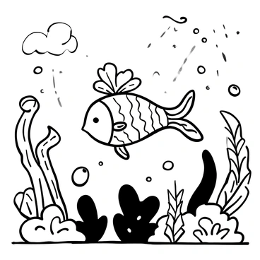 A fish with fins shaped like delicate flower petals is swimming gracefully through a magical sea. The fish has a streamlined body and intricate patterns along its scales. Surrounding the fish are various fantastical sea plants with swirling, elongated shapes, and bubbles rising to the surface. The water is filled with shimmering light beams that filter through, highlighting the unique features of the fish and the enchanting environment around it.