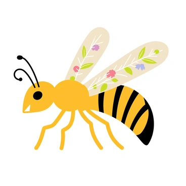 A hornet with a smooth, elongated body featuring intricate floral patterns along its wings. The wings are elegantly shaped, displaying flowing lines that curl and twist gracefully. The hornet's head is adorned with delicate antennae that resemble leaves, enhancing its connection to nature. There are vibrant colors like deep golds and rich blacks in the hornet’s stripes, while the floral patterns incorporate shades of green and soft pastels, creating a harmonious and dynamic composition. The background is filled with subtle, abstract shapes that suggest a natural environment without being defined.