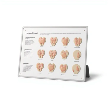 A detailed chart illustrating various hymen types in pediatric cases. Each type is represented with clear, labeled diagrams showing distinct characteristics. The illustrations include a variety of hymenal shapes such as annular, septate, and crescentic. Alongside each diagram, there are educational notes that provide informative descriptions and key points related to each hymen type. The background of the chart is clean and unobtrusive to ensure that the focus remains on the diagrams and notes.
