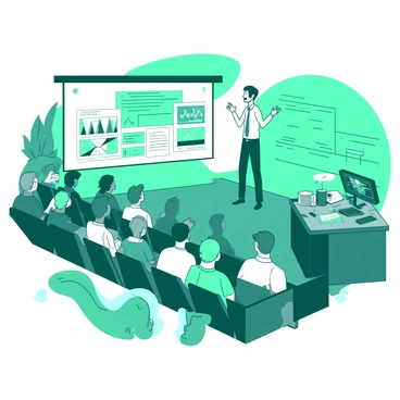 A teal and white seminar room is filled with eager audience members seated in rows, attentively facing the front. At the front of the room, a speaker stands confidently next to a large screen displaying various video techniques. The speaker is animatedly gesturing towards the screen, which shows colorful graphics and screenshots related to video production. The audience, consisting of diverse individuals, is taking notes and looking engaged, with some nodding in agreement. A table at the side is equipped with video equipment and props, enhancing the learning environment.