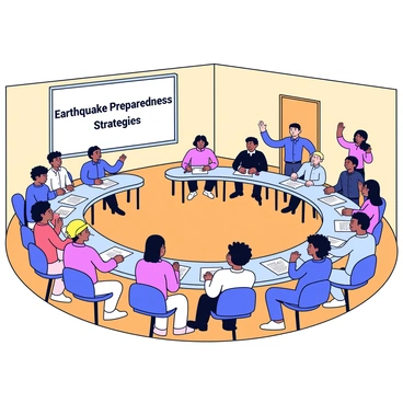 A local hall is filled with people gathered for a community meeting. The room has wooden floors and beige walls, with a large whiteboard at the front displaying the words "Earthquake Preparedness Strategies." Several round tables are arranged throughout the space, covered with papers and pens. In the center, a group of community members is seated, actively discussing and sharing ideas. Some participants are taking notes, while others are raising their hands to contribute to the discussion. The atmosphere is focused, and a sense of collaboration is evident among the attendees.