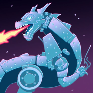 A large dragon constructed from shiny metal plates and intricate gears, resembling a mechanical creature. Its body is adorned with rivets and bolts, reflecting light in various angles. The dragon has glowing eyes shining like bright gemstones. It is positioned mid-roar, breathing a stream of bright orange and red flames from its open mouth. The background features a dark sky, highlighting the fiery breath and the metallic texture of the dragon's body.