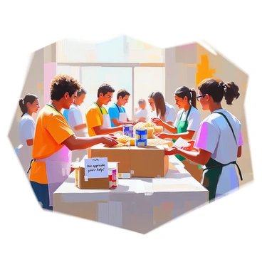 A group of volunteers gathered at a brightly lit community center, focused on packaging food donations. They are working together around several long tables filled with boxes of non-perishable food items such as canned goods, pasta, and rice. Each volunteer has a unique appearance; some are wearing colorful t-shirts with the charity’s logo, while others sport aprons. A volunteer with curly hair meticulously places cans into a box, while another with glasses pours rice into bags. Nearby, a smiling volunteer hands out thank-you cards with “We appreciate your help!” written on them. The atmosphere is lively, with the sound of chatter and laughter filling the air as they collaborate to make a difference.