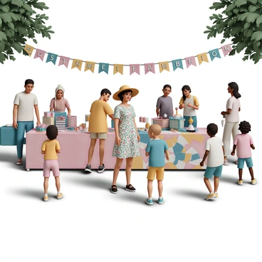 A vibrant outdoor community event featuring a variety of outfits made from second-hand clothing. There are several tables displaying colorful garments, accessories, and upcycled fashion pieces. Local residents of different ages are mingling and interacting, some trying on outfits while others are chatting enthusiastically. A woman wearing a vintage floral dress and a wide-brimmed hat is modeling a unique ensemble, while a group of children play nearby, wearing creatively altered shirts and shorts. Banners with "Sustainable Fashion" written in bold letters are strung between trees, adding to the festive atmosphere.
