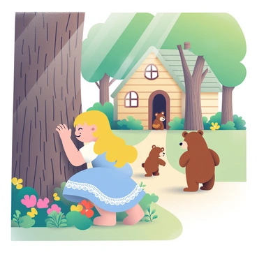 Goldilocks, a young girl with long blonde hair, is crouching behind a large, textured tree with rough bark. She is wearing a light blue dress with white lace trim and has a curious expression on her face. In the background, three bears, a large brown bear, a medium-sized bear, and a small bear, are walking along a dirt path towards their cozy wooden home nestled among the trees. The bears are looking ahead with a mix of curiosity and caution. Sunlight filters through the leaves, casting dappled shadows on the ground. The surrounding area is lush with green foliage and colorful wildflowers blooming at the base of the tree.