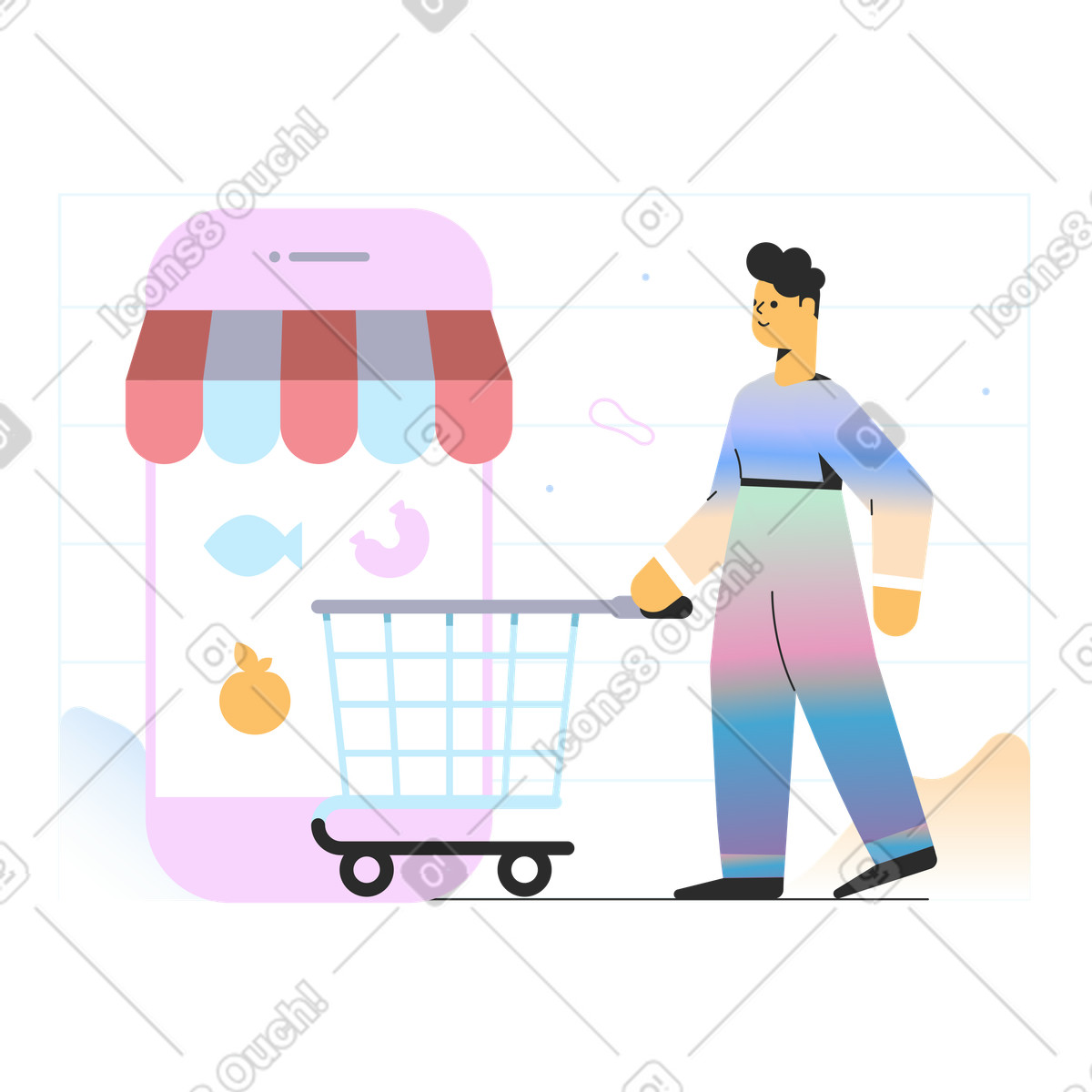 Ilustración Man coming to online shop in a phone with shopping cart en estilo Marginalia descargar en PNG y SVG