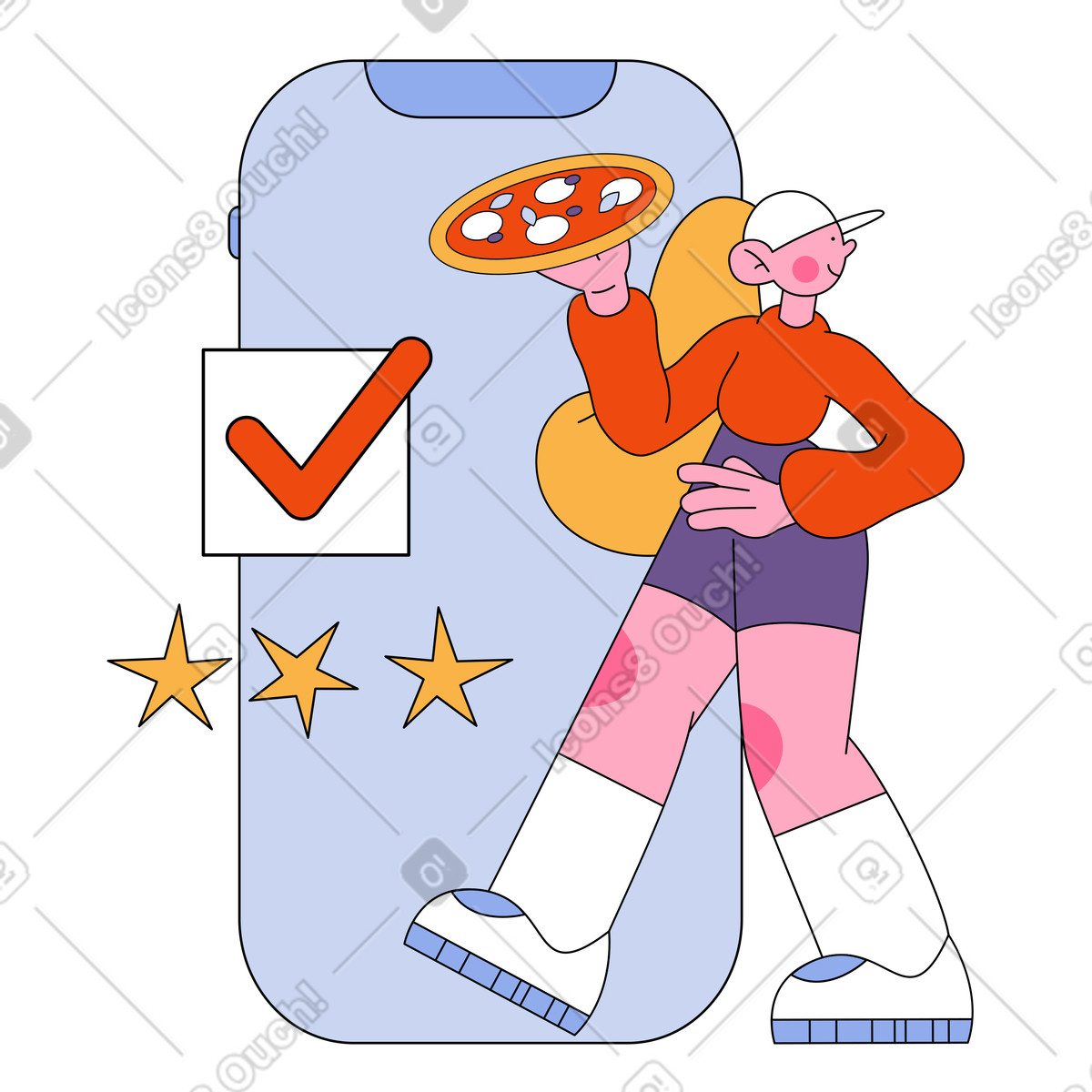 Corriere che consegna un ordine di pizza online illustrazione in stile Bloom scarica in PNG, SVG