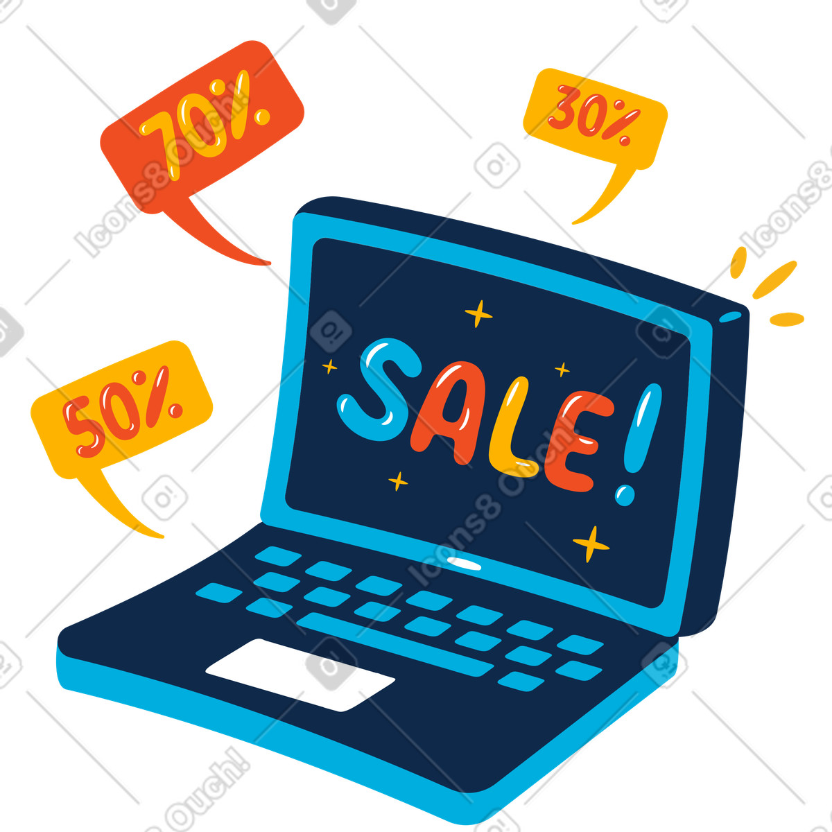 Illustration Lettrage de vente sur l'écran l'ordinateur portable pendant le black friday dans style Flame à télécharger aux formats PNG, SVG