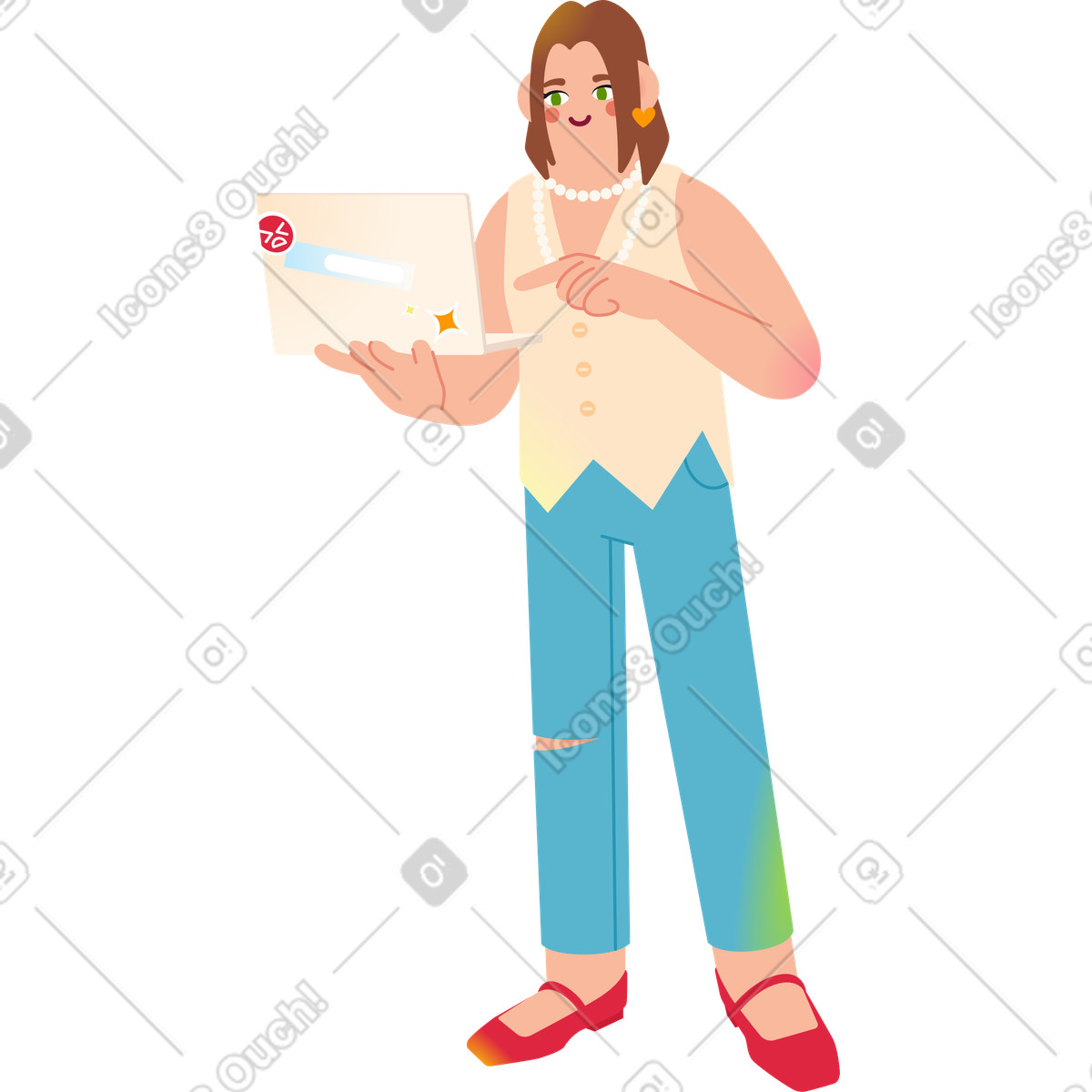 Fizzy スタイルの ノートパソコンを持って指差す女性 のイラストをPNG、SVG形式でダウンロード
