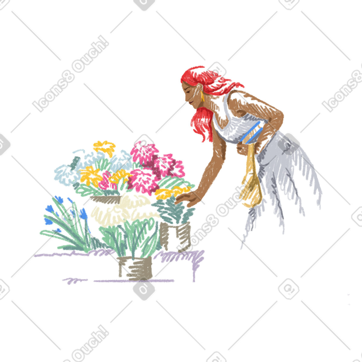 Young woman choosing flowers illustrazione in stile Sketchbook scarica in PNG, SVG
