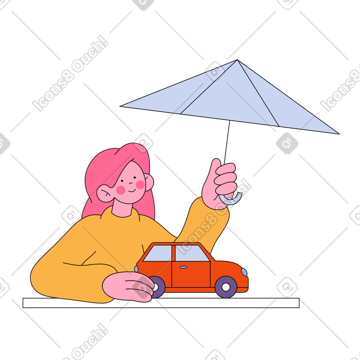 Frau hält regenschirm als versicherung über auto-Illustration im Bloom-Stil Download in PNG, SVG