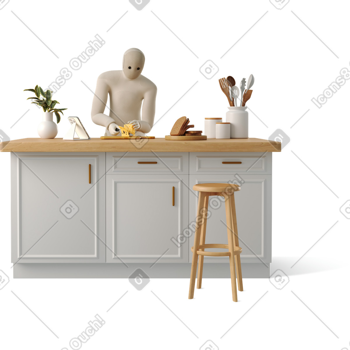 下载 3D Business 风格的 Robot chef slicing cheese on wooden kitchen countertop beside smartphone 插画，支持 PNG、SVG 格式