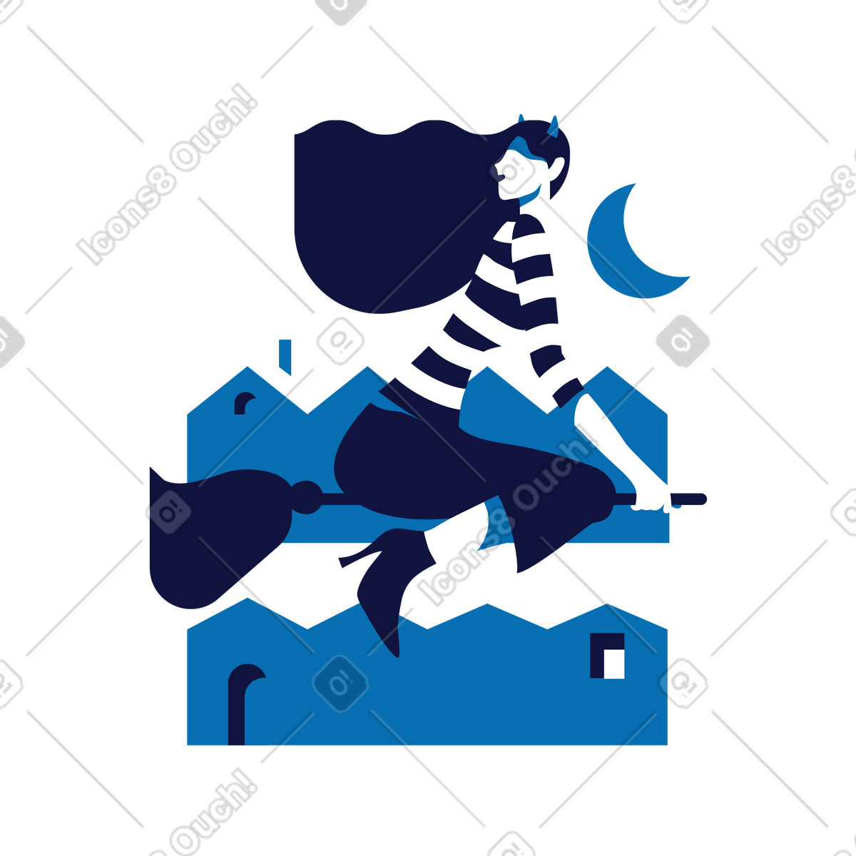 Ilustração de Witch flying on broomstick above rooftops, Halloween celebration or autumn festivity em no estilo Experimental para baixar em PNG, SVG