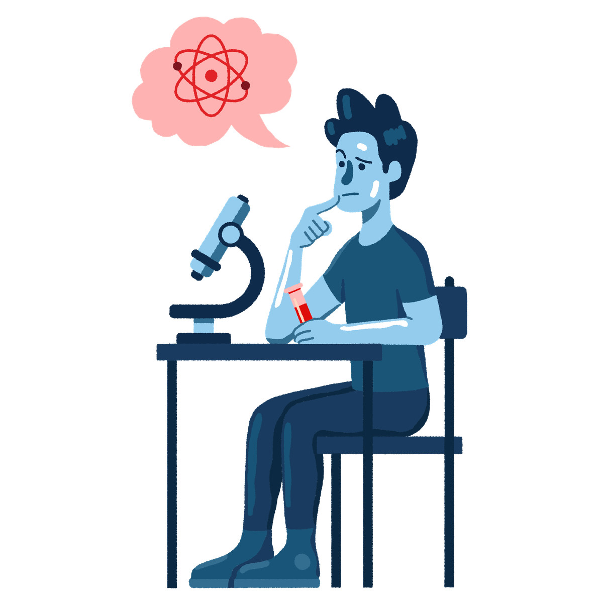 Biotech scientist sitting near microscope and studying atom illustration in Cherry style download in PNG, SVG