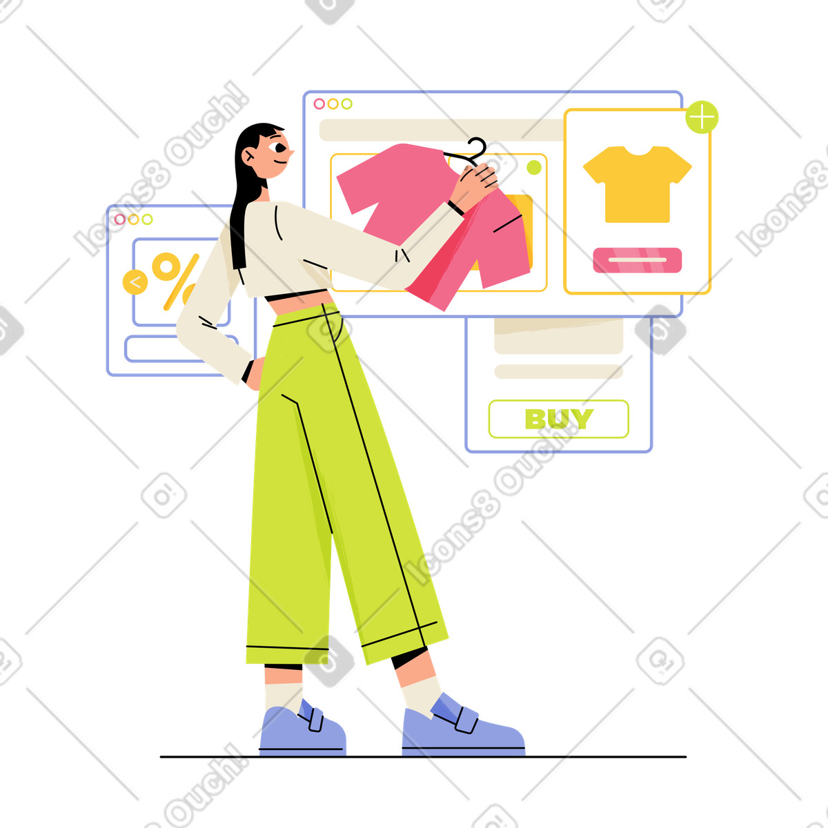 Frau wählt dinge online aus-Illustration im Juicy-Stil als Download in PNG, SVG