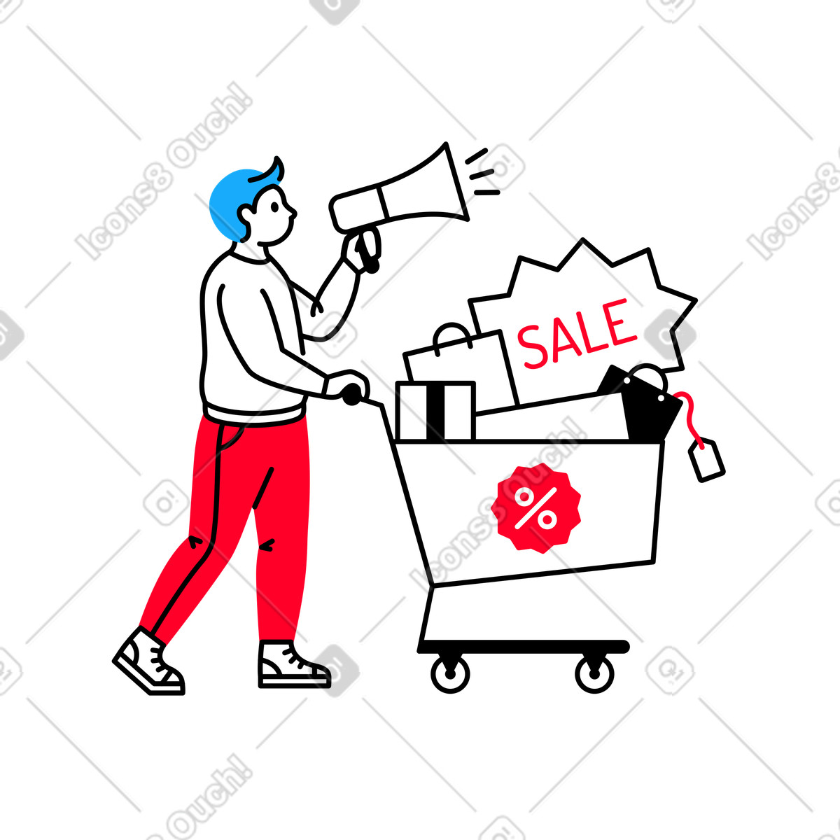 Ilustración Hombre con carrito de compras lleno venta publicidad artículos megáfono en estilo Transistor a descargar en PNG y SVG