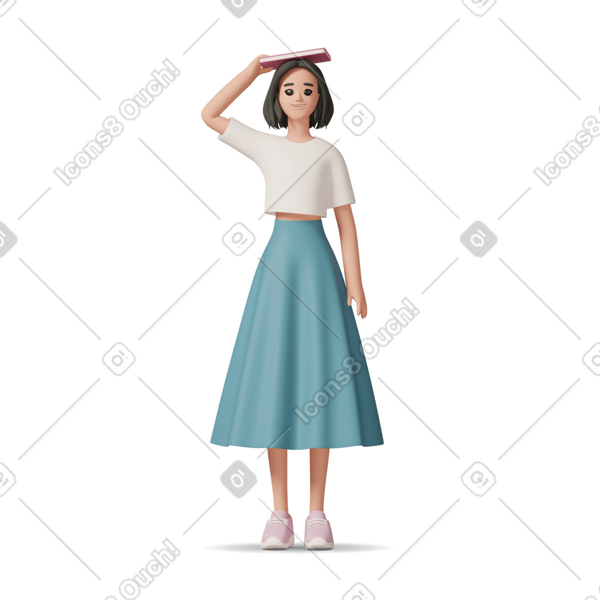 Young smiling woman holding book on her head-Illustration im 3D Casual life-Stil als Download in PNG, SVG