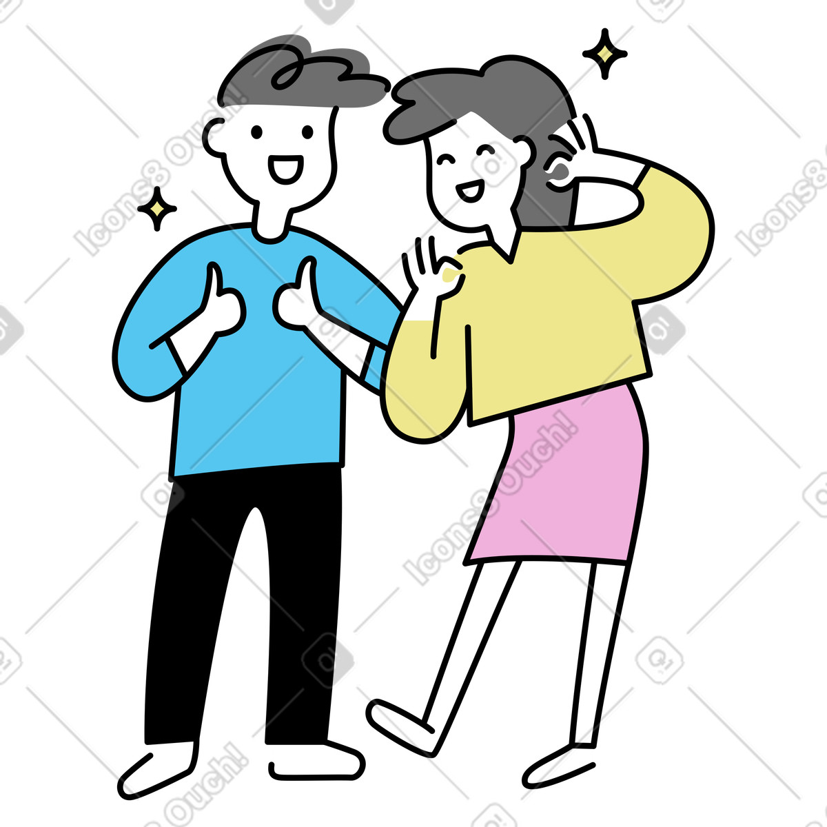 Illustration Cheerful couple expressing excitement, Celebrating success or good results dans le style Mochi à télécharger aux formats PNG, SVG
