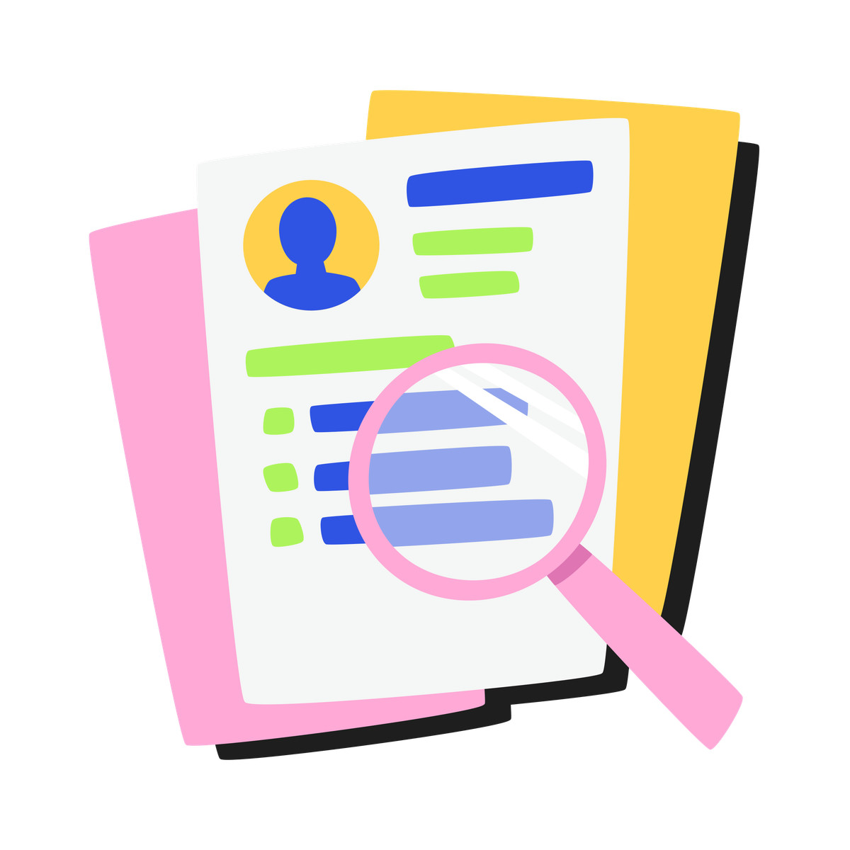 Иллюстрация Applicants' resumes and a magnifying glass в стиле Bouncy — скачать в форматах PNG, SVG
