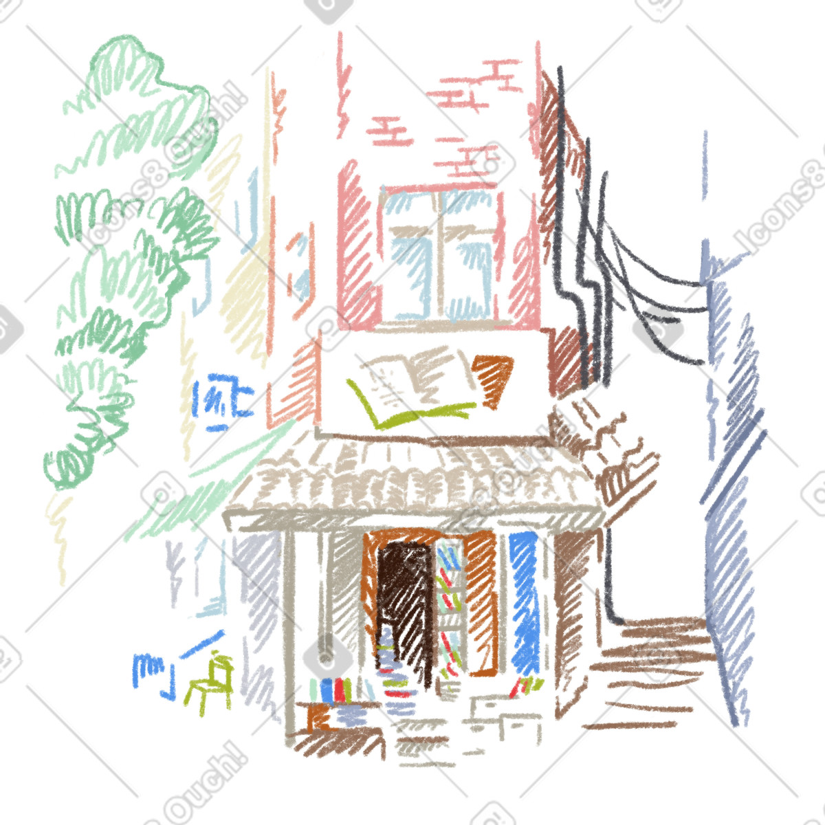 Illustration Librairie au coin de la rue dans le style Sketchbook à télécharger aux formats PNG, SVG