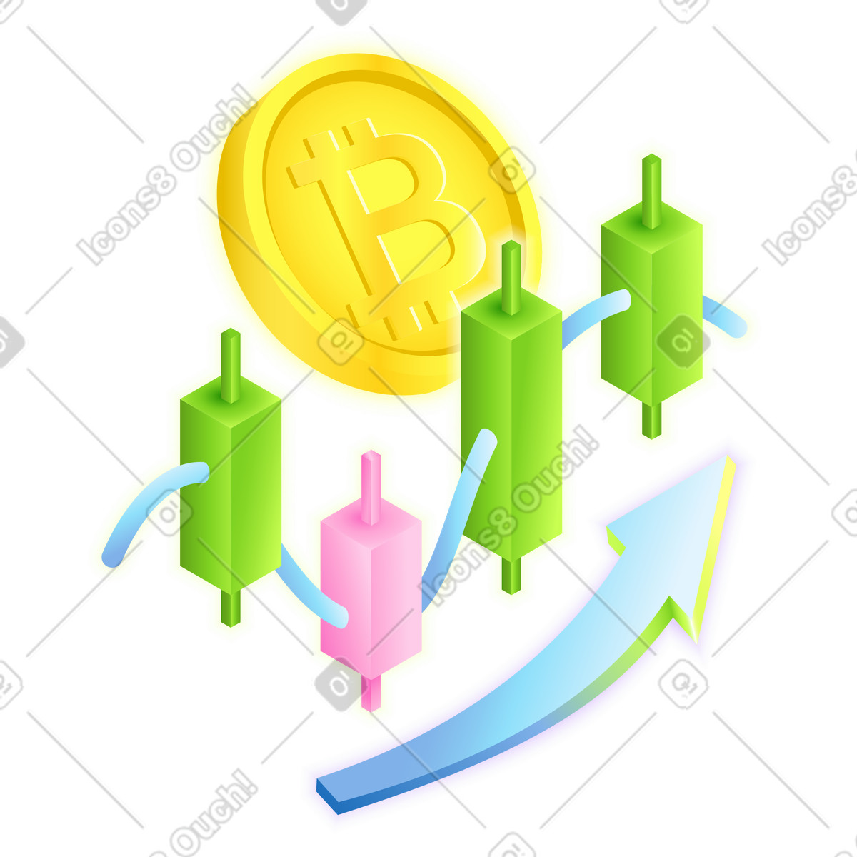 Cryptocurrencies value increase and profit growth. Cryptocurrency growth analytics. Business intelligence tools. Cryptocurrency sales growth. Bitcoin illustration in PNG, SVG