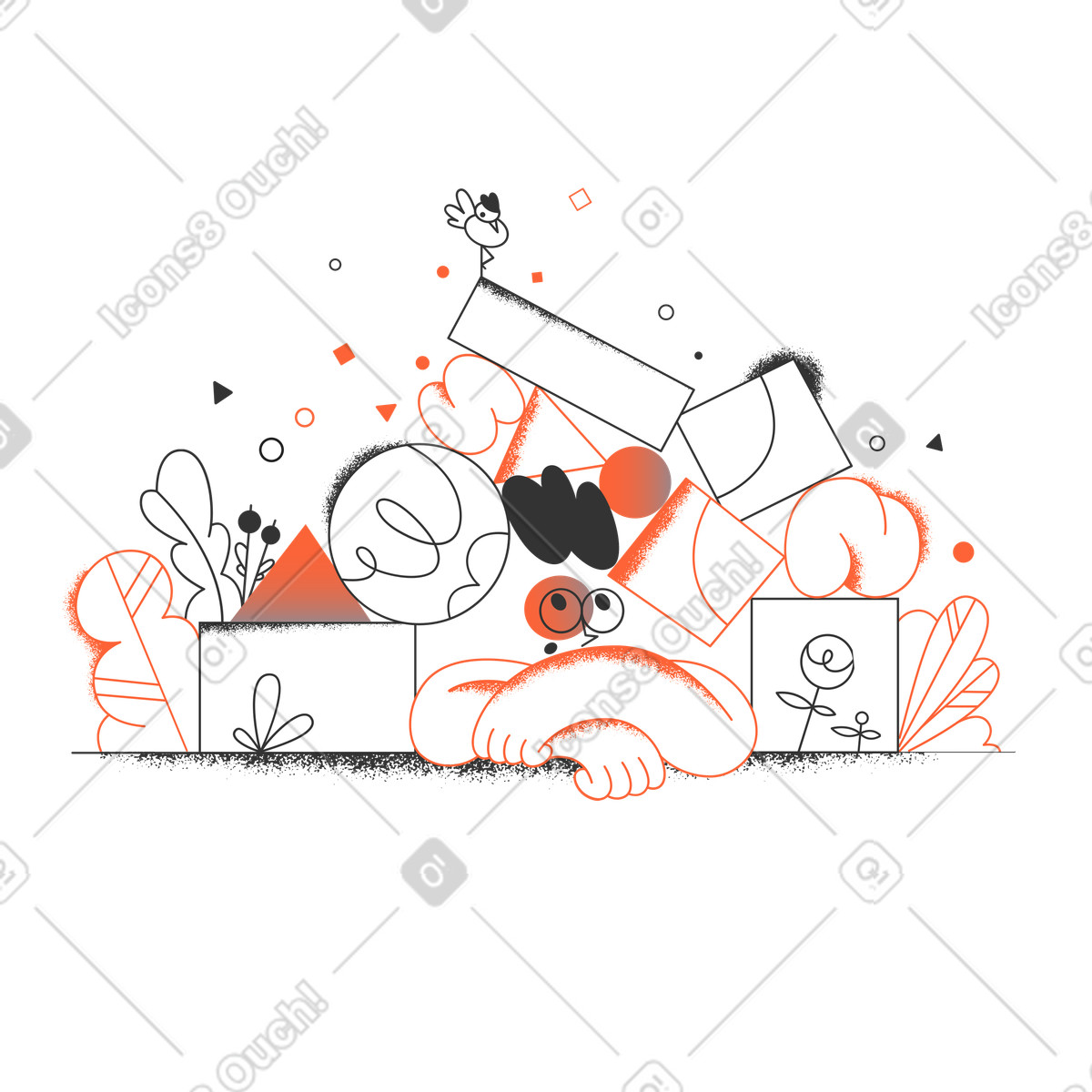 Woman under the weight of blocks and shapes illustration in PNG, SVG