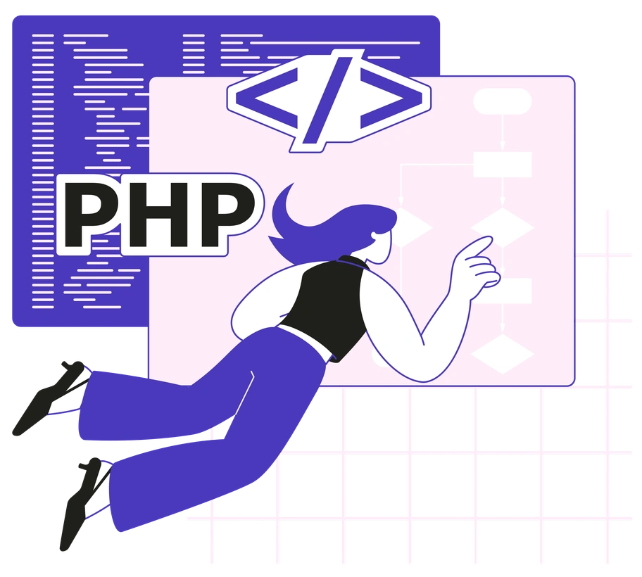 A person interacting with code and flowcharts - Blueberry style illustration