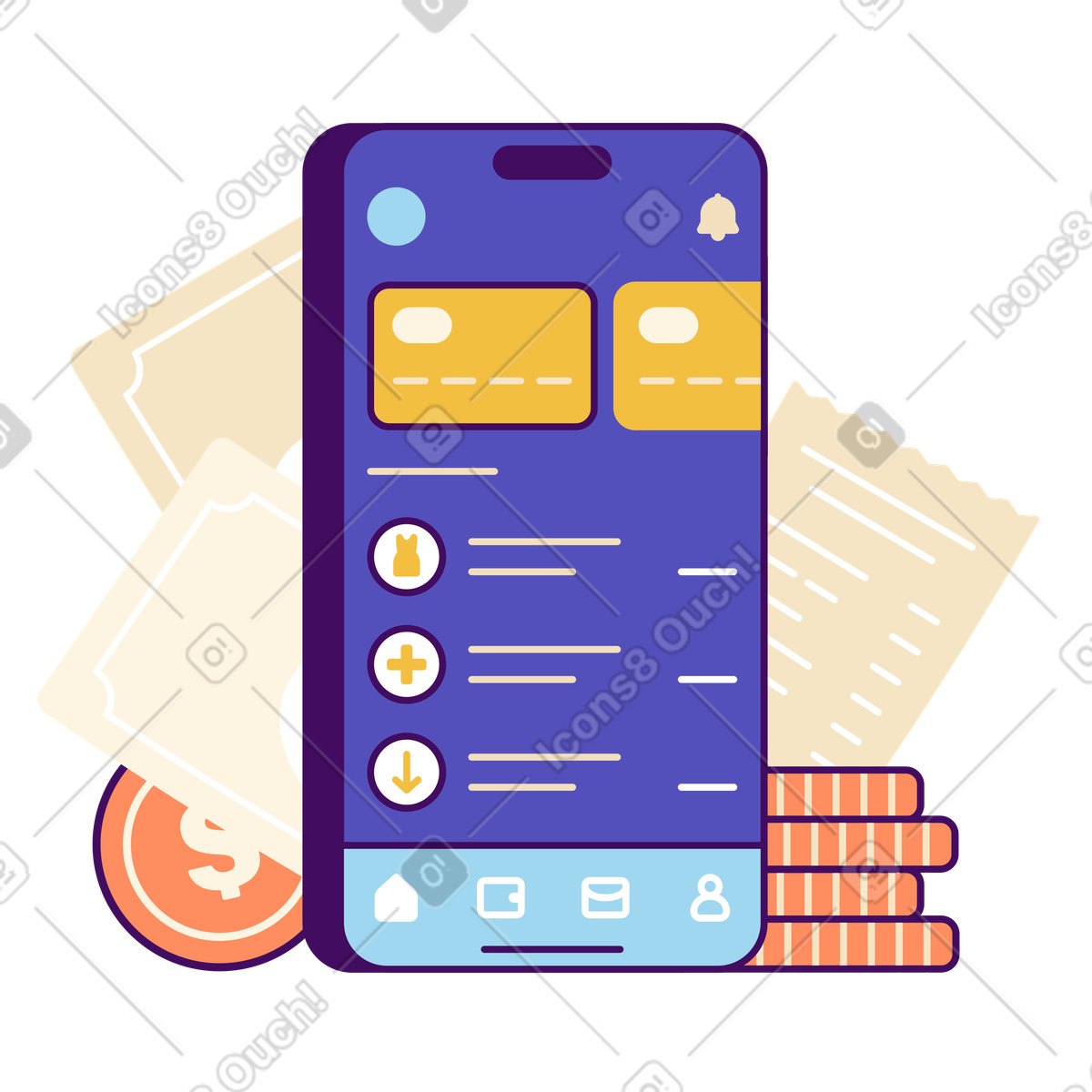 Neobank mobile application and fintech illustration in PNG, SVG