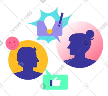 Compañeros charlando e intercambiando ideas, comunicación positiva en equipo y lluvia de ideas. PNG, SVG