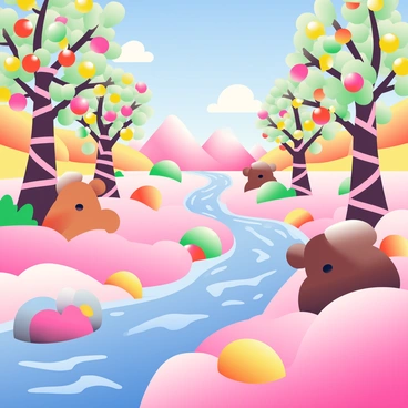 A vibrant landscape made entirely of candy stretches across the view. The ground is covered in a soft, fluffy layer of cotton candy, creating a whimsical effect. Jellybean trees with colorful, shiny fruits in hues of red, yellow, and green rise tall, their trunks made of twisted licorice. Flowing through the scene are rivers of rich, dark chocolate, glistening in the light. Along the banks of the rivers, large gummy bears are scattered, adding to the joyful atmosphere. In the background, candy corn mountains rise against a bright blue sky, completing this sweet paradise.