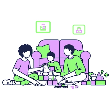 A living room floor is filled with children of different backgrounds sitting together. Two children are engaged in a game with colorful building blocks, combining their structures. Nearby, a girl with curly hair is sharing a stuffed animal with a boy who has straight hair. A variety of toys, including a toy car and a puzzle, are scattered around them. The walls of the living room are adorned with family pictures, and a cozy couch is positioned in the background, creating a welcoming atmosphere.