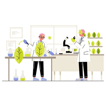 A laboratory setting with white walls and bright overhead lights. There are two scientists, one wearing a white lab coat and safety goggles, carefully working at a stainless steel table. They are using a green plant with large leaves next to various glass beakers and flasks filled with liquid. One scientist is using a pipette to extract a green liquid from a beaker, while the other is examining a microscope on the side. A variety of plant samples are neatly arranged on a nearby shelf, showcasing different types of leaves. The atmosphere is focused and scientific.