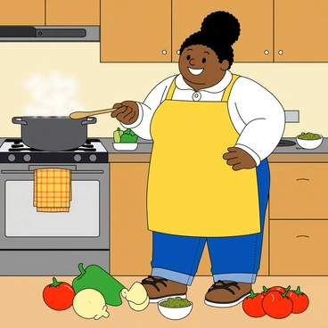 A fat woman with medium brown skin and curly black hair pulled back in a cheerful ponytail is standing in a cozy kitchen. She is wearing a bright yellow apron over a white shirt and blue jeans. The kitchen has wooden cabinets and a warm, inviting atmosphere. She is happily stirring a large pot on the stove with a wooden spoon, steam rising from it. Scattered around her are various colorful ingredients, such as vibrant red tomatoes, green bell peppers, and yellow onions, along with a few herbs and spices in small bowls. A cheerful checkered kitchen towel hangs from the oven handle.