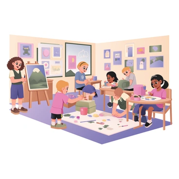 A digital flat illustration depicting a classroom filled with children engaged in art activities. On the left, a girl with curly brown hair is standing at an easel, painting a vibrant landscape with a blue sky and green hills. Next to her, a boy with straight black hair is sitting at a table, mixing various paint colors on a palette and smiling. In the center, another girl with braided blonde hair is using her hands to add colorful splashes of paint to a large canvas on the floor. The walls of the classroom are adorned with previously created artworks, featuring bright colors and playful designs. Various art supplies, such as paintbrushes, crayons, and palettes, are scattered around the tables. The atmosphere is lively and full of creative energy.