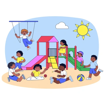A playground filled with children of diverse backgrounds engaging in various activities. One child with curly hair is swinging high on a blue swing set, while another child with straight black hair is climbing up a red jungle gym. A girl wearing a yellow dress is sliding down a green slide, laughing joyfully. Nearby, a boy with glasses is drawing in the sand with a stick, and another child is playing with a colorful beach ball. The sun is shining bright in a clear blue sky, casting playful shadows on the ground.