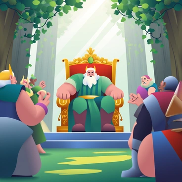 In a grand forest throne room, a group of elves and dwarves are engaged in a heated argument with their king. The king, seated on a large, intricately carved wooden throne adorned with emerald leaves and golden accents, has a stern expression. The elves, with long pointed ears and flowing robes, are standing to the left, their hands gesturing animatedly. The dwarves, stout and wearing robust armor, are positioned to the right, their faces flushed with indignation. Sunlight filters through the tall trees surrounding the throne room, casting dappled shadows on the forest floor covered in rich green moss. The walls of the throne room are formed by ancient tree trunks, and lush vines hang from above, creating a vibrant atmosphere.