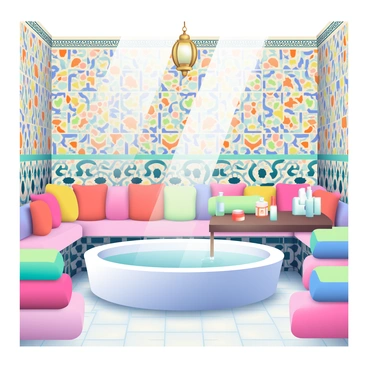 A luxurious Moroccan hammam is filled with warm steam rising gently through the air. The walls are adorned with intricate mosaic tiles in vibrant colors, featuring geometric patterns and floral designs. In the center of the hammam, there is a large marble basin filled with clear water, surrounded by plush, colorful cushions. Soft, diffused light filters through ornate lanterns hanging from the ceiling, casting gentle shadows on the tiled floor. A selection of aromatic oils and soaps are neatly arranged on a wooden shelf, adding to the opulent atmosphere. The overall scene conveys a sense of tranquility and indulgence.