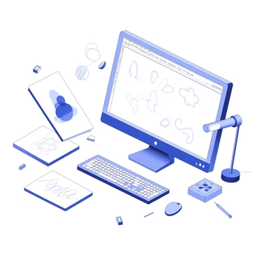 A desktop environment is set up with a computer monitor displaying an open Adobe Illustrator application. The screen shows an artboard featuring various digital sketches in progress, including shapes and outlines. Surrounding the monitor are scattered sheets of paper filled with hand-drawn sketches, pencils, and erasers. A mouse and keyboard sit in front of the screen, and a desk lamp is positioned to provide illumination over the workspace. The overall scene conveys a creative atmosphere filled with artistic tools and unfinished designs.