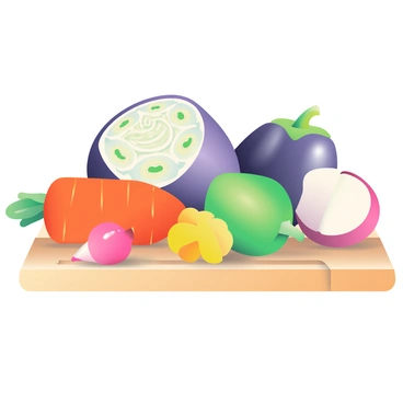 A selection of vegetables is arranged on a wooden cutting board, each sliced in half to reveal their unique inner patterns. A bright orange carrot displays its intricate rings, while a deep purple eggplant showcases its creamy white flesh and greenish seeds. A vibrant green bell pepper has a glossy surface, exposing its smooth, pale interior with seeds clustered in the center. Nearby, a radish with a crisp white flesh and pink skin contrasts with a yellow squash, highlighting its soft texture and seeds. The lighting emphasizes the textures and colors of the vegetables, creating a visually appealing composition.