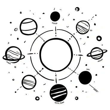 A detailed scientific illustration of the solar system arranged with the sun at the center, surrounded by the eight planets in their respective orbits. Each planet is accurately represented with labels displaying their names in clear, informative text. The planets vary in size and shape, with distinct features such as rings, moons, and surface texture. Background elements include representations of asteroids and comets scattered throughout the solar system, creating a comprehensive educational display.