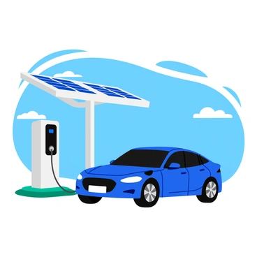 An electric car parked at a sleek, modern charging station. The station features several solar panels positioned on its roof, glinting in the sunlight. The background shows a clear blue sky with a few fluffy white clouds. The car is a vibrant shade of blue, reflecting the surrounding environment and showcasing its design. The charging cable is connected to the car, and the station has a digital screen displaying charging information.