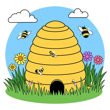 A large beehive made of hexagonal wax cells, with bees buzzing around it. Some bees are entering the hive through a small opening at the bottom, while others are flying out into the open air. The hive is placed in the center, with vibrant flowers blooming in a variety of colors, including yellow, pink, and purple, surrounding it. Green leaves and tall grass fill the garden's floor, creating a lively atmosphere. The sky above is bright blue, and a couple of fluffy white clouds drift lazily.