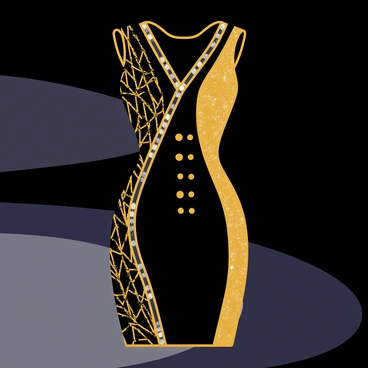 A mini dress designed in an art deco style, featuring a fitted silhouette with bold geometric button designs across the front. The dress showcases a combination of intricate patterns in gold and black with sleek lines. In the background, there is an elegant setting with a smooth, dark surface and subtle reflections that enhance the sophisticated look of the dress.