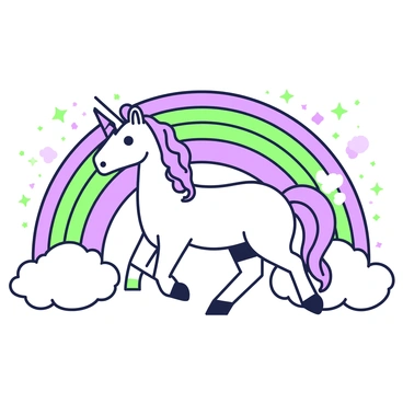A whimsical unicorn is prancing through a rainbow in the center of the image. The unicorn has a flowing mane and tail with spiraled strands. Its body is elegantly arched as it leaps, with its hooves lifted off the ground. The rainbow arcs gracefully above and behind the unicorn, displaying its vibrant bands. Surrounding the unicorn and rainbow are fluffy clouds, softly shaped and scattered throughout the scene. A few sparkling stars can be seen twinkling around, enhancing the magical atmosphere.