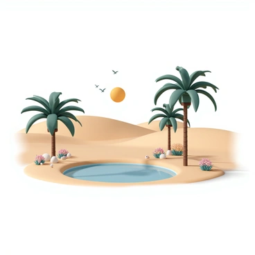 A tranquil desert oasis with a small pond surrounded by palm trees