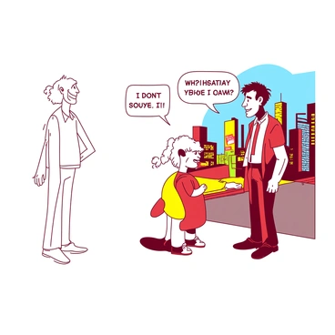 A pencil sketch of a comic scene is on the left side of the image, showcasing rough outlines of two cartoon characters engaged in a humorous conversation. The characters are a tall, lanky figure with exaggerated features and a short, chubby character with a big smile. As the scene progresses to the right, the sketch gradually transforms into a vibrant full-color illustration. The characters are now fully colored, with the tall character in shades of red and the short character in shades of yellow. In the background, a colorful cityscape is depicted, enhancing the lively atmosphere of the scene.