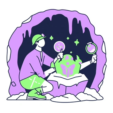 An explorer in a cave examining a gemstone within a rock with a loupe
