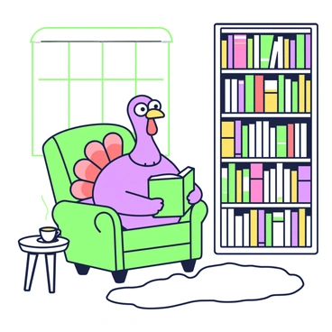 A cartoon turkey with round glasses is sitting on a plush, green armchair in a cozy library. The turkey has colorful feathers, with a slight puff in its chest as it reads a thick book resting on its lap. The library has shelves filled with various books in neat rows, and a small wooden table beside the armchair holds a steaming cup of tea. Soft light pours in from a nearby window, illuminating the turkey as it becomes engrossed in the story. A plush white rug is spread across the wooden floor, adding to the warmth of the scene.
