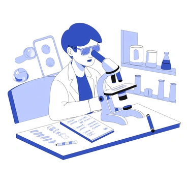 A student is sitting at a laboratory table, intently examining cells under a microscope. The microscope is positioned in front of the student, with the eyepiece held close to their eyes. The student is wearing a lab coat and safety goggles. On the table, there are various prepared slides, some of which are labeled. A notebook is open next to the student, filled with notes and sketches. A pen lies beside the notebook, and a set of colored pencils is visible as well. The room has shelves in the background, containing jars and scientific equipment.