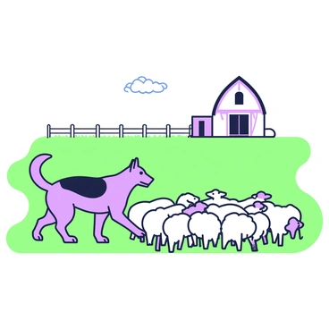 A German shepherd is herding a group of sheep in a field on a farm. The shepherd is positioned alertly, with its ears perked up and eyes focused on the sheep. The sheep are clustered together, featuring various woolly textures as they graze. In the background, a wooden fence outlines the field, while a rustic barn is visible on the horizon. The sky above is clear, and a gentle breeze is suggested by the slight movement of the grass.